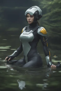 [future] A woman in scifi outfit a pond