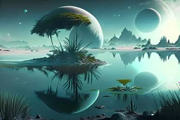 Alien landscape with grey exoplanet in the sky, Lagoon reflection, vegetation, sci-fi, concept art, movie poster