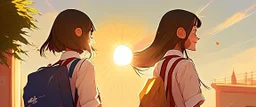 School student, school uniform, Omani, smiling slightly, from behind, school, students, morning, sun,cartoon,The girl looks forward