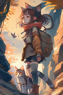 a girl and Cat on an Adventure, 4k, full detail, high resolution, digital art, anime, perfect drawing