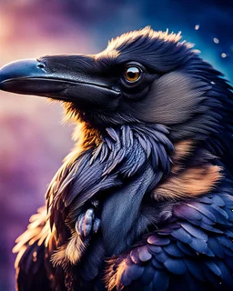 a mesmerizing and vibrant cinematic photograph of a raven in an extreme close-up, positioned in a-profile, showcasing its mysterious demeanor, with some scars on its plumage, slightly ruffled grey feathers underneath, and one of its feathers adorned with an elegant golden detail, as if kissed by sunlight, set against a soft, gradient background that shifts from deep blues to purples, evoking an enchanting atmosphere, with a subtle, cinematic film grain texture, imbuing the image with a sense of