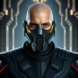 star wars bald male corellian jedi wearing gunmetal grey and black old republic armored flightsuit and breath mask with gold and metallic red trim inside the jedi temple, centered head and shoulders portrait, hyperdetailed, dynamic lighting, hyperdetailed background, 8k resolution, volumetric lighting, light skin, fully symmetric details