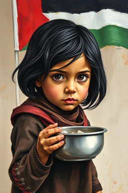 an expressive painting of a 3 years old girl poor with black hair and Ruth clothes standing in line with out her children’s asking for food with a pan in her hand painting, with Palestinian flag in the background, we might see a companion with features of absolute strength and determination, blended with warmth and deep faith. Perhaps his face expresses wisdom and courage, with eyes radiating confidence and faith.