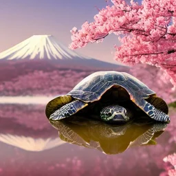 Turtle and Mount Fuji and cherry blossoms