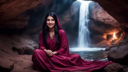 Hyper Realistic Photographic Outside View Of A Gorgeous Pashto Girl (Wearing Simple Burgundy Colored Dress & Wearing Plain Pink Dupatta On Her Neck) Happily Sitting & Smiling Boldy In A Cave & Showing Her Long Black Hair With Waterfall View Outside, With Heavy Rain Outside Cave At Dark Night Showing Dramatic & Cinematic Ambiance.