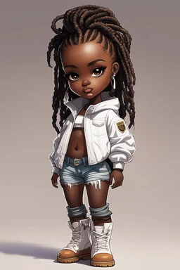 create a futurism art image of a curvy size chibi dark skinned Black female wearing a white jean outfit with timberland boots. Prominent make up with brown eyes. Highly detailed dread locs