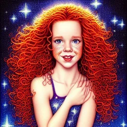 young Robyn Lively, her striking perfectly detailed clear eyes, her perfect, precisely detailed lightly freckled face, meticulously detailed long curly multi-hued ginger carrot cherry fire red hair, luminous colorful sparkles; by james r. eads, gawki, rajewel, tania rivilis, dan mumford, lisa frank, artgerm, greg rutkowski, alphonse mucha and william-adolphe bouguereau; glitter, airbrush, octane render, volumetric lighting, 16k, photorealistic digital painting, artstation, smooth, sharp focus