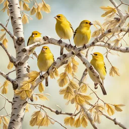 Yellow finches perched on a stately birch tree branch, photorealistic nature image, intricate feather texture and coloring, springtime background, bright spring morning light filtering, 16k resolution, ambient shadows, warm color palette, perfectly timed shot, crystal clear, stunning wildlife interaction, depth of field, high contrast, complimentary colors, by Robert Havel Jr., color pop.