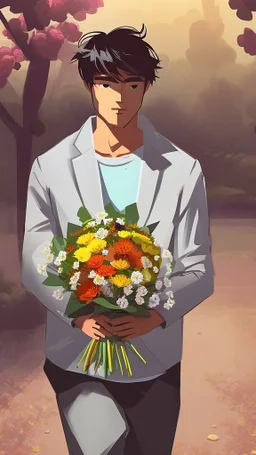 An image of a man holding a bouquet of flowers as he walks towards a woman. --auto --s2