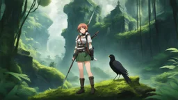 [Anime girl in jungle with spear and bird companion] A fearless anime girl equipped with survival gear, standing on a moss-covered log in a dense jungle. She wields a spear and is accompanied by a perched bird, surrounded by the ruins of ancient architecture. This scene captures adventure and determination amidst lush greenery.