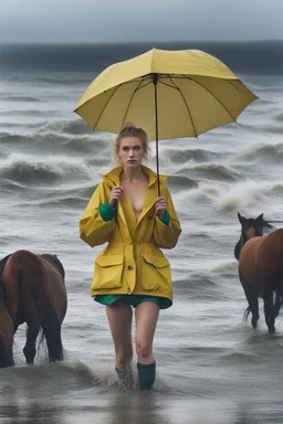 In the music video, a 23-year-old woman with blonde hair and bright blue eyes stands in the sea, se has a bun. Dressed in a yellow fisherman's jacket and green rainpants. She holds an umbrella, but it offers no protection from the pouring rain. Around her, heavy horses are moving. The rain is pouring heavily. She is standing in the middle of the sea. You can see here completely. Horses only the girl and horses, i wanna see the horses dancing around her. NOT SEXY!! horses