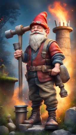 postcard portrait of bard post man sexy gnome fire man with old boots, sledge hammer and chissel in the garden holding a tower fortification, magazine cover illustration with spray paint, signed, bokeh like, down-light, unreal engine, prize winning