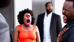 angry black lady screams at her phone while Tyrone who is somewhere else laughing at her at the phone