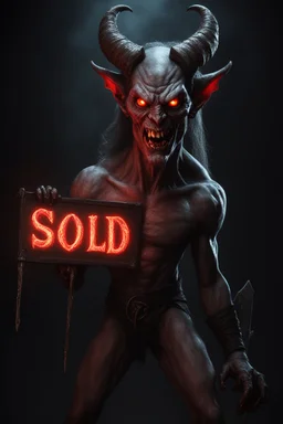 A realistic ghoulish devil with glowing eyes and horns, leaning forward at an angle as if over someone's shoulder, facing right, holding a large sign that says "SOLD" in clear letters. No humans, no extra subjects, cinematic horror lighting.