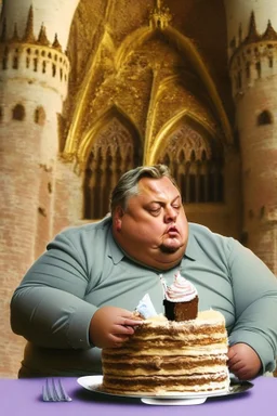 fat viktor orban eating cake in a castle