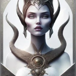 Portrait of old wiched " enchantress Morgan" with and mid-12th century elegant apparel.extremely detailed face,black clear Big eyes,perfectly centered image,intricate detail.korra character face style.and Kilian Eng art color. with black maleficent style horns