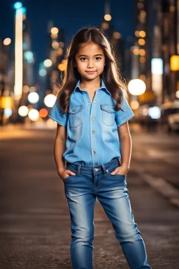 Little 8 years old beautiful girl perfect face,1girl wearing a pretty shirt and jean pant, standing pose,modern city ,night view