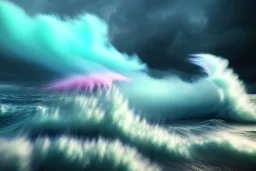 precise digital photo of a rgb random multicolour tornado made of smoke particles, over a stormy ocean, high waves colliding with the smoke, foam, intricate, 8k, extremely detailed, cgi, hyperrealistic render, volumetric lighting, impressive volumetric clouds, vitality colors, double precision