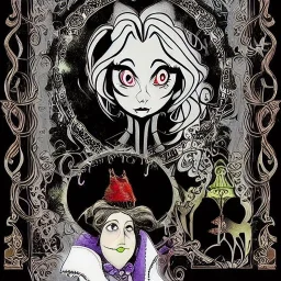 extrem tim burton style and disney style of an old and extrem malicious stepmother, sharp focus, sneaky eyes, old face