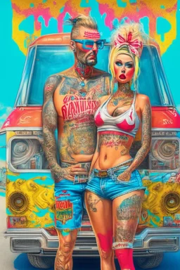 Consumerist Trailer Park God And Goddess Covered In Brand Tattoos With Giant Logos All Over Their Clothes; Pop Art Renaissance Trailer Trash Painting; Insanely Detailed; award-winning portfolio piece, provocative, psychedelic, Magnificent.