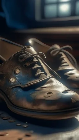 Bosch painting style nightmare A hyperrealistic shot of a pair of old army leather shoes with a hole in front and small mouse hidden in it , the head of the mouse , intricate details, soft natural light, screen captured from 4K Blu-ray