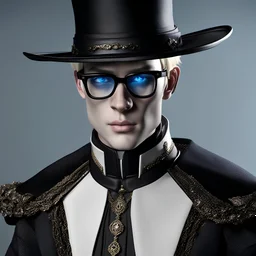 Hyper realistic human male with pale skin and wearing dark black fantasy noble clothes, wearing a hat with glasses. with short blonde hair and blue eyes,