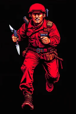Turkish soldier(uniform and face based on racist steriotypes) running towards viewer, a knife i one hand, and a gun(barrel pointing at viewer) in the other. blocky retro 1960's jack kirby style poster in monochrome with white background