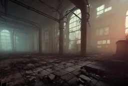 old factory, post apocalyptic, run down, day time, destroyed buildings , unity, scriptable render pipeline , lighting , volumetric , faded fog , global illumination