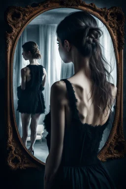 View from behind, a beautiful woman,she stares into a mirror, but her reflection in the mirror is an empty face, symbolism for the question "who am I", 32k, Mysterious and gothic, chaotic