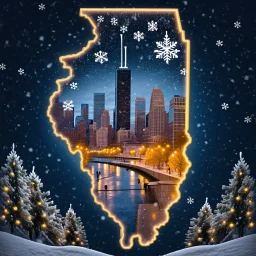 A outline of the State of Illinois against a dark snowy background with snowflakes falling down.. In the center of the state is a image representing the skyline of Chicago at Christmas with its beautiful buildings and architecture. The rest of the area inside the outline is softly glowing xmas trees.