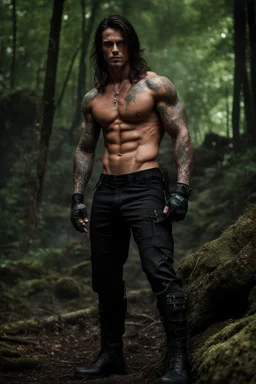 Handsome muscular alpha male, 30 years old, Dark eyes, Long brown hair, bare chest covered in tattoos and scars. wearing black combat trousers and heavy boots, photorealistic, 4k, dark fantasy, forest background