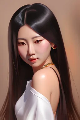 work of art Painted portrait of an Asian woman, long hair and numerous jewels, miniskirt, (full body),