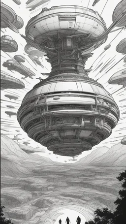 A land filled with a lot of aliens in a bright light at the end of the picture a huge spacecraft object hovering above , cinematic, 8k, in black and white, fine line draw