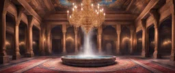 Hyper realistic detailed inside historical indian castle with chandeliers & ceiling paintings & glass work on pillars with beautiful carpet & water fountain at night