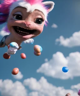 Ultra realistic speed clouds sky scene, wide angle view, child falling down with many Children background, rabbit head, inflatable monsters, circus dress style, feather color, free jumping flying, many trinkets, hair monster, many jelly beans, balls, color smoke, smile, happy, extreme, wind, clouds sea, 20,000 feet altitude, stratosphere, soft color, highly detailed, unreal engine 5, ray tracing, RTX, lumen lighting, ultra detail, volumetric lighting, 3d, finely drawn, high definition.