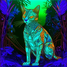 Imágen de arte lineal de un gato humanoide, en la selva, calidad ultra, hiperdetallado, 8k, colores complementarios