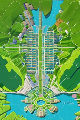 high detail map of an entire tropical dystopian small capital city