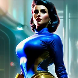 Drawing of beautiful face,'beautiful,Busty fit Sexy Vault Woman- Fallout 4 ',intense stare, ancient blue skintight suit, balanciaga fashion clothe painting by gaston bussiere, greg rutkowski, yoji shinkawa, yoshitaka amano, tsutomu nihei, donato giancola, tim hildebrandt,KyuYong Eom,Ren Wei Pan Oil on canvas, cinematic composition, extreme detail,fit full head inside picture,16k