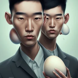 portrait of half korean man with giant egg head