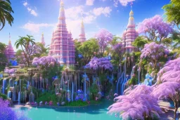 blue and pink crystal indian PALACE，swanns,waterfall, BLUE LAKE, SWANNs,bugainvillier flowers, jacaranda trees, sky pink blue, full of details, smooth, bright sunshine，soft light atmosphere, light effect，vaporwave colorful, concept art, smooth, extremely sharp detail, finely tuned detail, ultra high definition, 8 k, unreal engine 5, ultra sharp focus