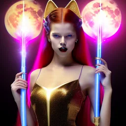 Attractive young teenage girl with golden fire red hair wearing a galactic tiara, who is dressed like a galacticwitch casting a spell holding a quarterstaff, she has cat ears and open dazzling blue eyes, has a normal nose, background is realistic space with a moon, the girl is on a planet, black goth girl dress, full body portrait, arm colors gradient effect into stars, rendered, unity 3d, unreal engine, dslr, hdr, 4k, edited, photorealistic, normal number of appendages, freckles, artists render