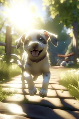 /imagine prompt: Realistic, personality: [Illustrate a medium shot of Spot, a happy little puppy, running around the yard with his tongue out and tail wagging. The sun is shining, and Spot's expression exudes pure joy and excitement]unreal engine, hyper real --q 2 --v 5.2 --ar 16:9