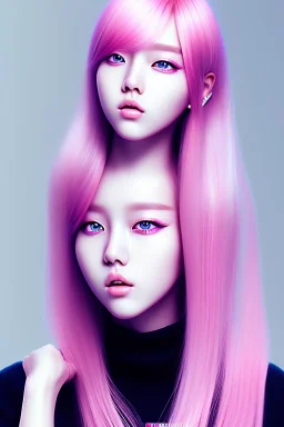 k-pop, photorealistic, pink hair, white clothes, hd