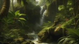 Джунгли скалы водопады пальмы лианы кисти Шишкина