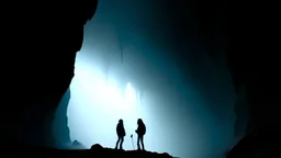 Two silhouettes in fog in an ice cave