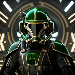 star wars bald male corellian pilot wearing black and gasoline green First Order special forces TIE pilot armored flightsuit and helmet with gold trim inside the jedi temple, centered head and shoulders portrait, hyperdetailed, dynamic lighting, hyperdetailed background, 8k resolution, volumetric lighting, light skin, fully symmetric details
