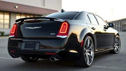 "A sleek Chrysler 300 with custom LED headlights and smoked taillights, featuring a mesh grille in chrome with black accents. It has a subtle carbon fiber ducktail spoiler, sitting on 22” multi-spoke concave wheels in brushed silver. The suspension is lowered slightly for a more aggressive stance, while the body is painted a glossy black. The interior boasts custom leather upholstery with ambient lighting for a refined, luxurious look."