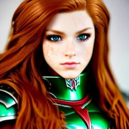 realistic, hyper detailed, stunningly beautiful 16 year old teen girl, long ginger hair, green eyes, medium freckles, full lips, revealing leather armour, full body and head, c-cup breasts, stern expression, full frame, petite, ignore NSFW, shortbow, quiver on hip, sexy