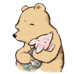 illustration of Winnie the pooh cuddling a pig