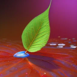 single leaf in water, vibrant colors, ultra realistic leaf, delicate foreground color, vibrant blue colors, Hi-def, 10k, unreal 5 engine, realistic texture, dramatic lighting, masterpiece, bokeh background, firefly background, depth of field, high contrast, leaf dew drops, still life, granular detail, strong directional light